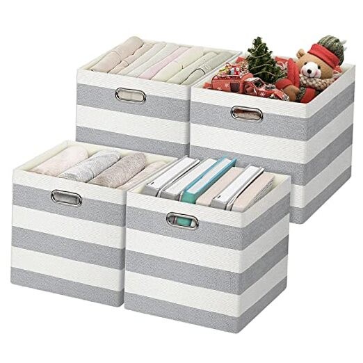 13x13 Fabric Storage Bins Cubes 4pc Set Grey White Striped Organizer