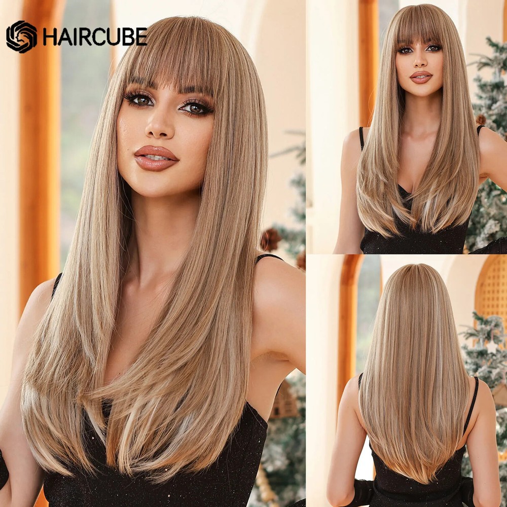 Long Blonde Layered Straight Synthetic Wig with Heat Resistant Bangs