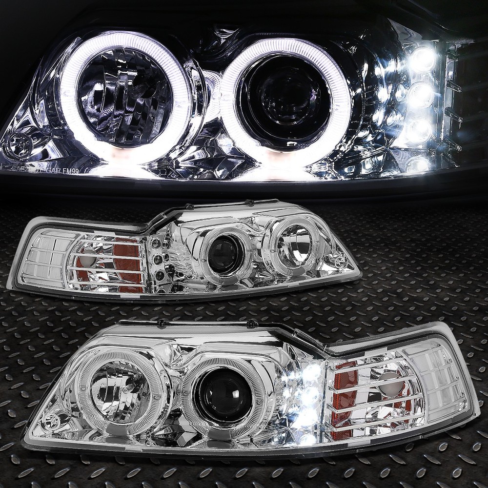 [Halo LED DRL]For 99-04 Ford Mustang Chrome Projector Headlight Lamps Left+Right