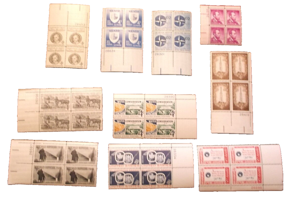 10 Assorted Plate Block Stamps - Varied Vintage Issues  