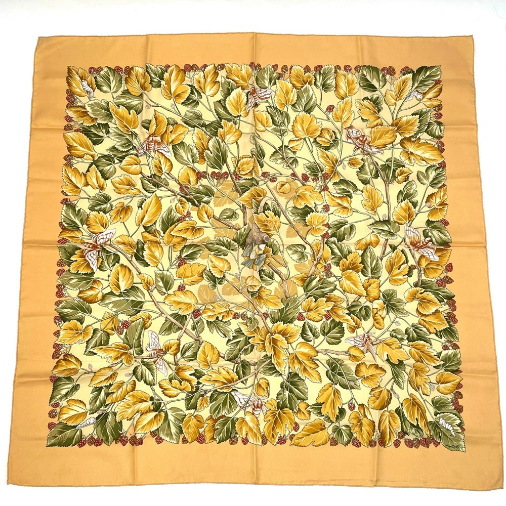 Hermes 90 LArbre De Soie Silk Scarf Yellow Mulberry Tree Silkworm Design