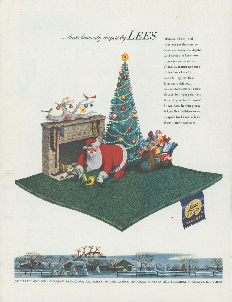 1951 Lees Carpets Santa Claus Christmas Tree Reindeer Vintage Print Ad SP5