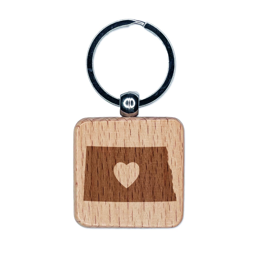 North Dakota State with Heart Engraved Wood Square Keychain Tag Charm