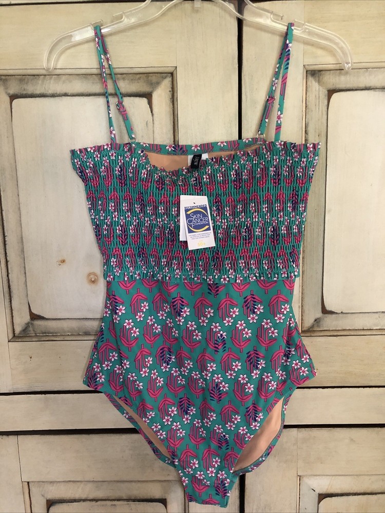 J.Crew Womens Teal Pink Floral Shirred One-Piece Swimsuit Size Medium NWT!!!