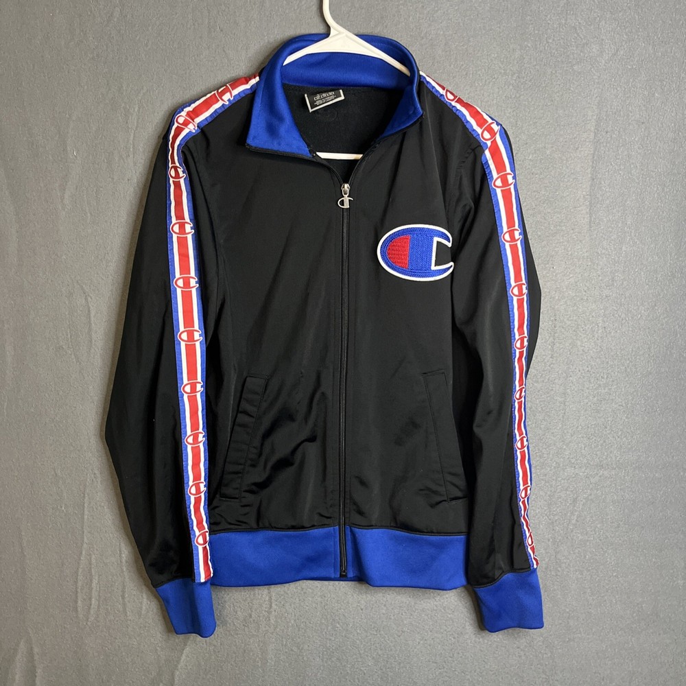 Champion Track Black Blue Trim Jacket Big C Logo Side Tape Small Embroidered