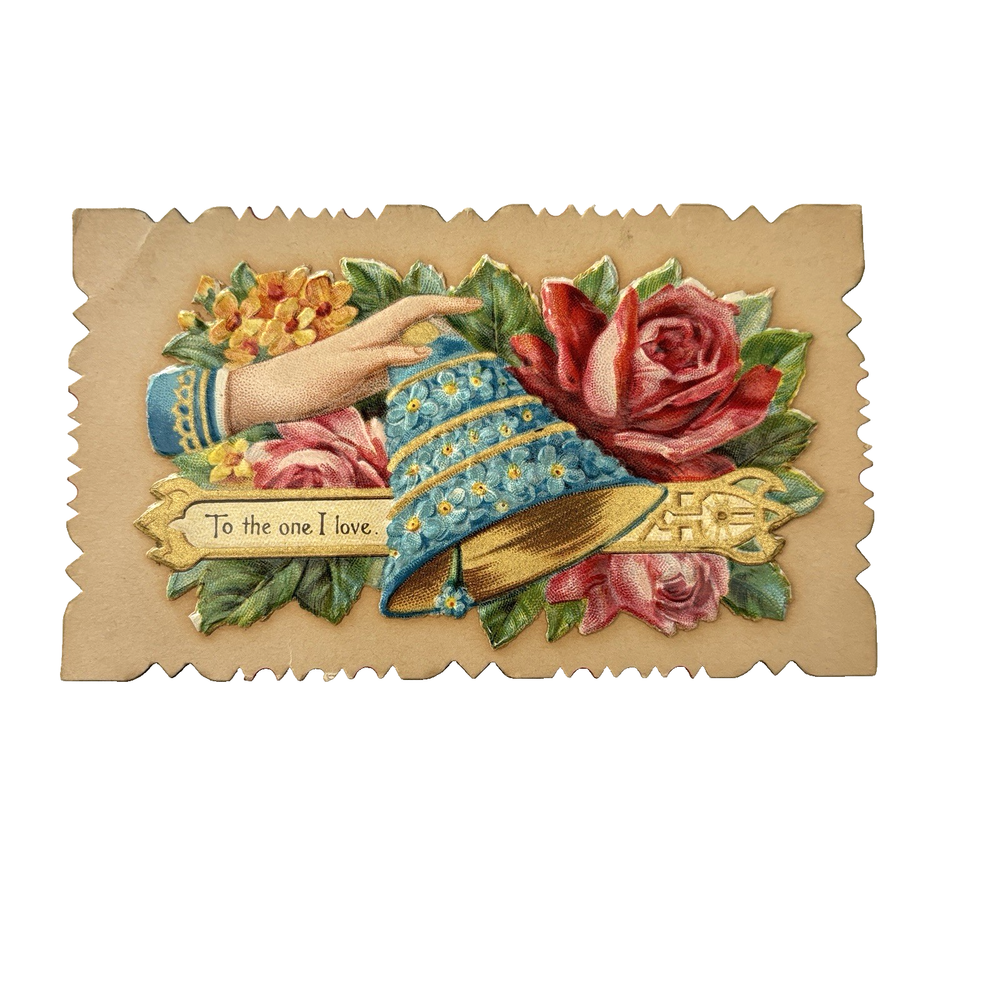 Victorian Calling Card Die-Cut Hand Bell Roses 1800s Ephemera Greeting Paper