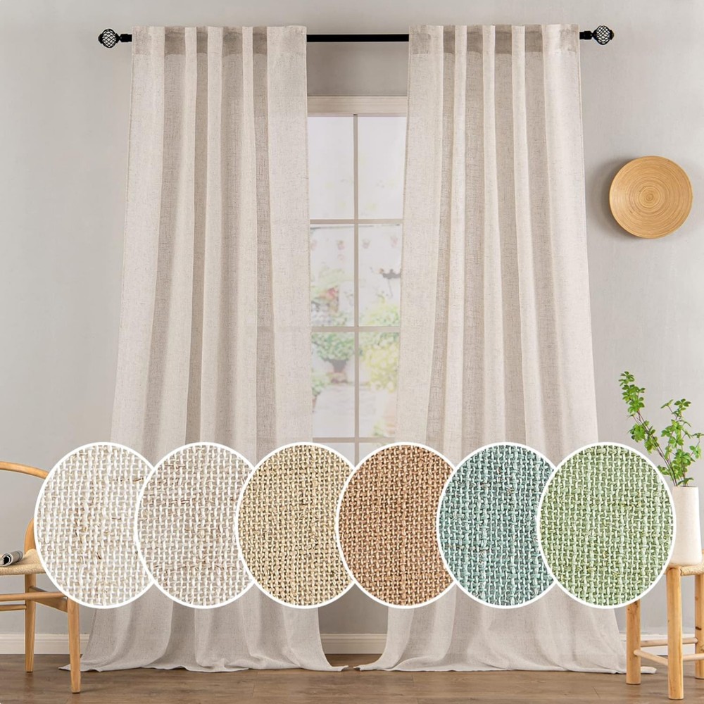 Linen Curtains 90 Inch Long Set 2 Panels Semi Sheer Light Filtering Farmhouse
