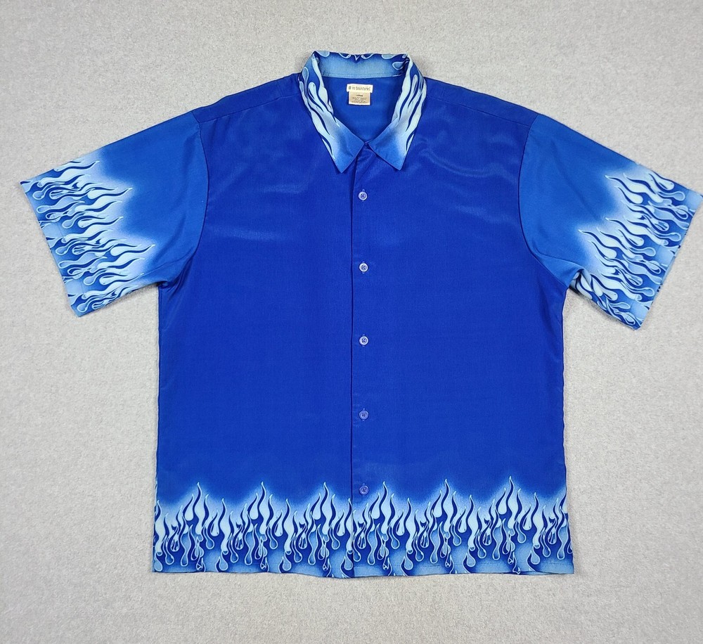 Vintage Y2K No Boundaries Flame Fire Blue Button Up Shirt Size Large L