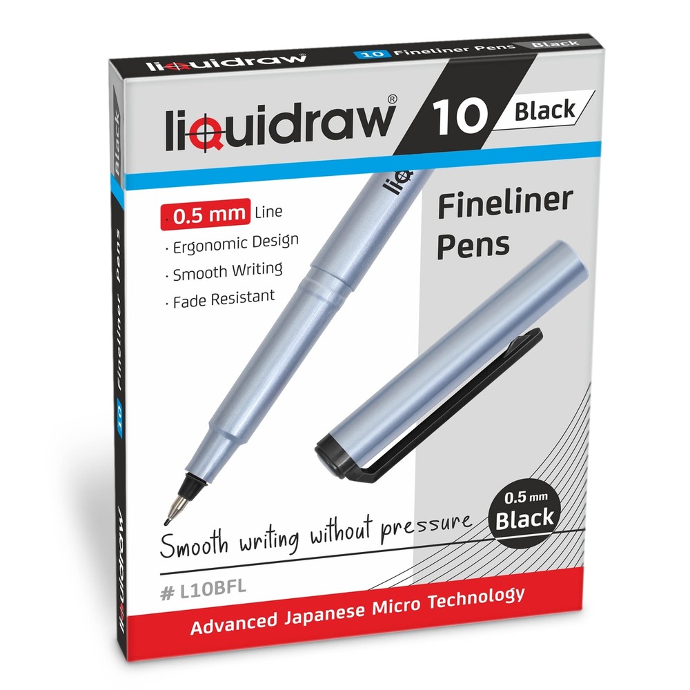 Liquidraw Black Fineliner Pens, Set of 10, Fine Point Pens 0.5mm Fineliners B...