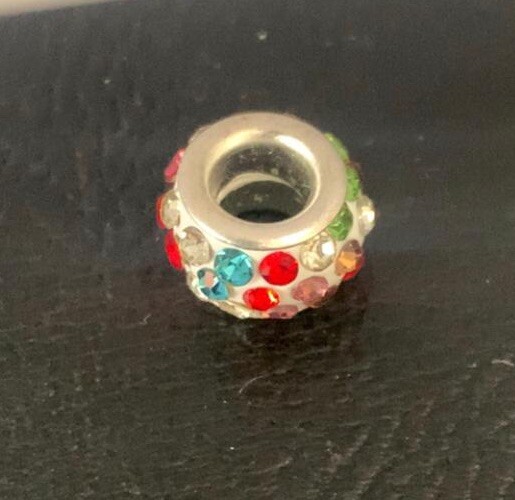 White Multicolored Pandora-Style Alloy Spacer Bead Charm with Crystals