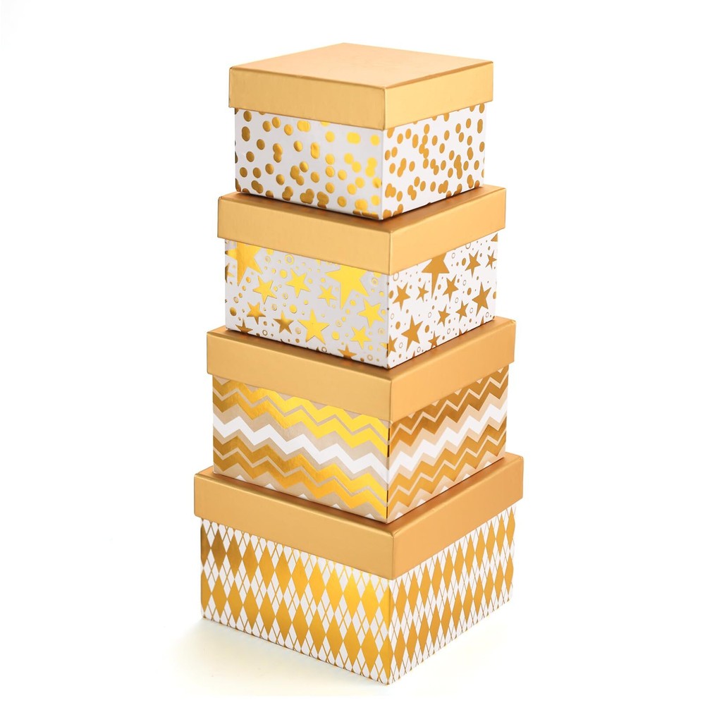 Christmas Gift Boxes 4 Pack Gold Foil Geometry Square Nested Xmas New Year