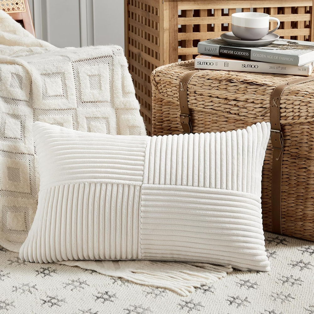 Cream White Lumbar Decorative Throw Pillow Covers 12X20 Inch for Living Room Cou