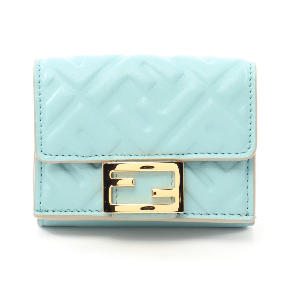FENDI Baguette Tri-Fold Wallet in Blue Leather with Gold Hardware for Women 8M0395AT00F1PQI