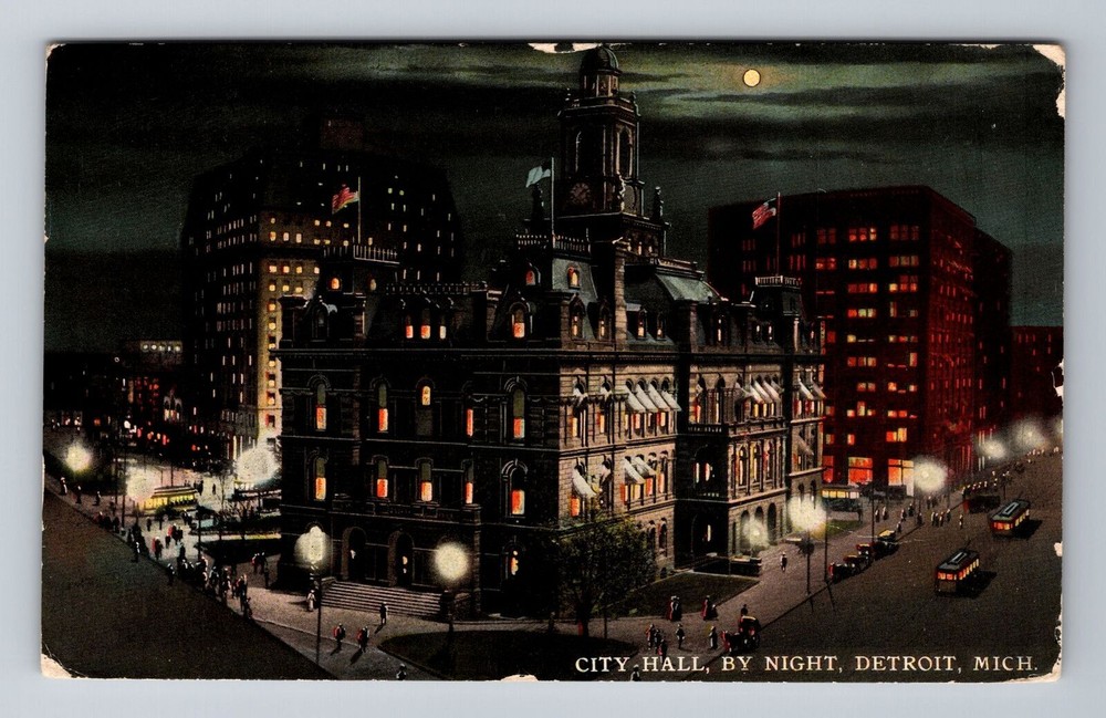 Detroit MI-Michigan, City Hall By Night, Souvenir, Vintage Postcard