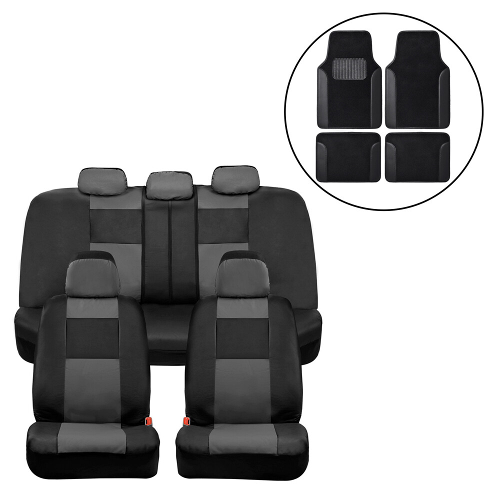 Premium Charcoal PU Leather Car Seat Covers & Black Floor Mats Combo