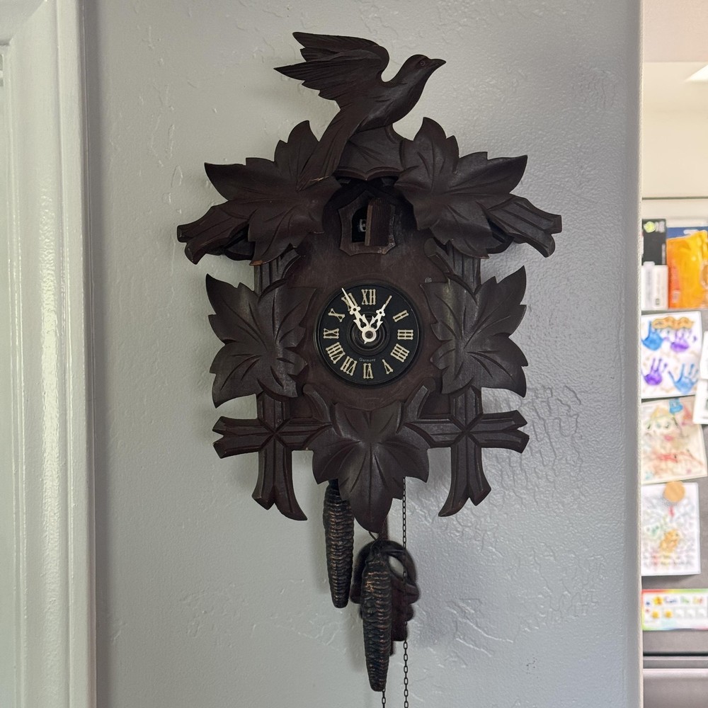 Vintage Cuckoo Clock Wall Hanging Mechanical Wood Bird Weights Made In Germany