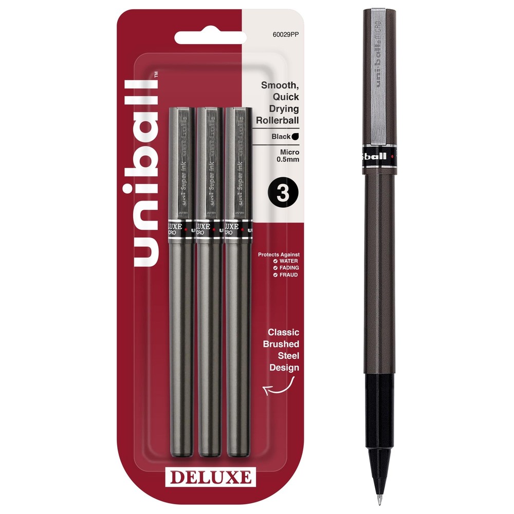Uniball Deluxe, 3 Black 0.5mm Micro Point Rollerball Pens