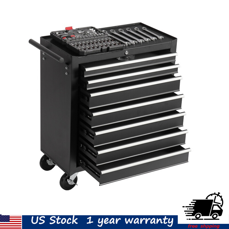 7-Drawer Tool Box Rolling Tool Storage Chest Steel W/Wheels Multi-function Black
