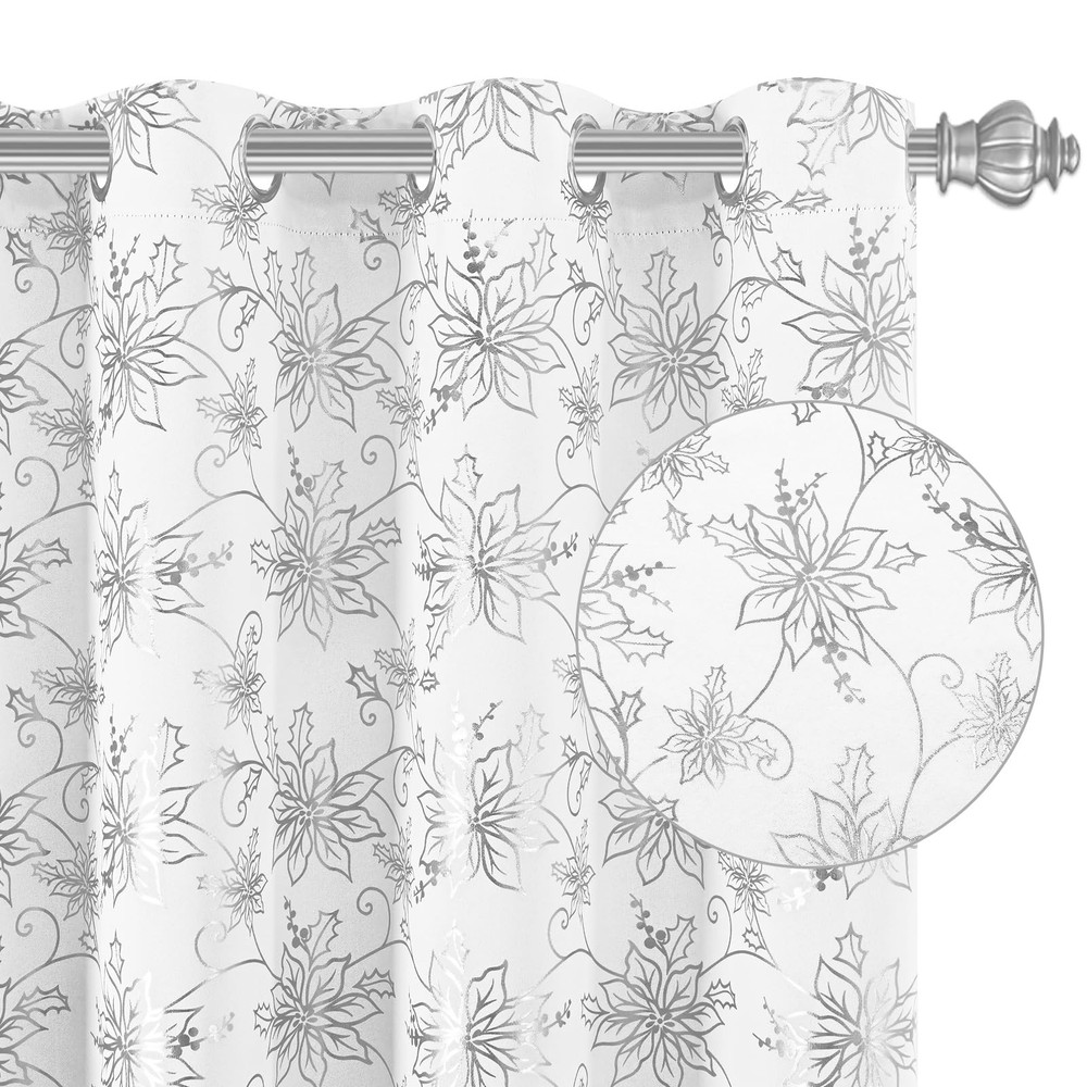 Christmas Curtains for Living Room, Silver Foil Print Poinsettia Blackout Cur...
