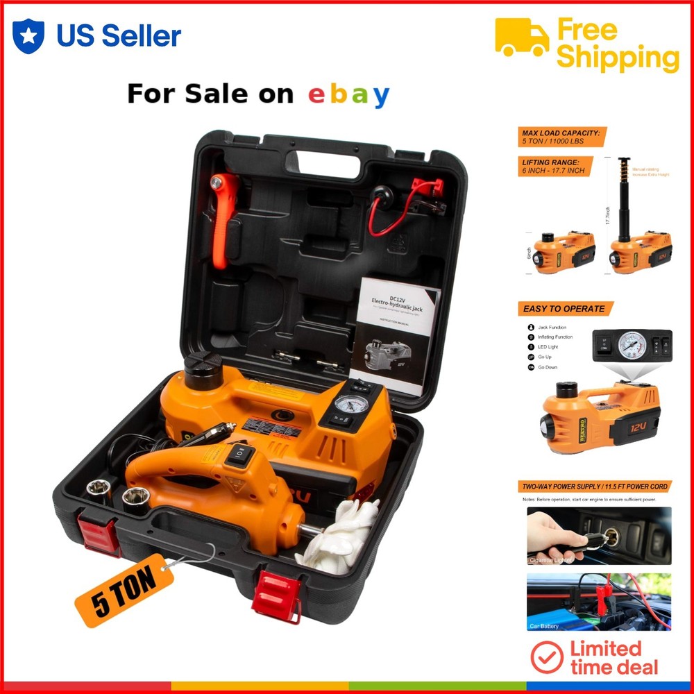 5 Ton Electric Car Jack Kit with Wrench and Tire Inflator for SUV Sedan Garage