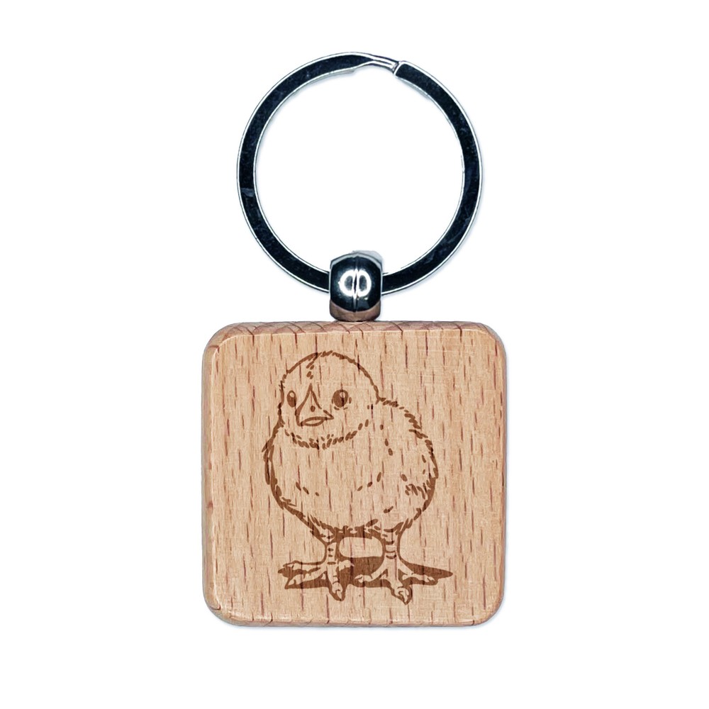 Realistic Baby Chick Chicken Engraved Wood Square Keychain Tag Charm