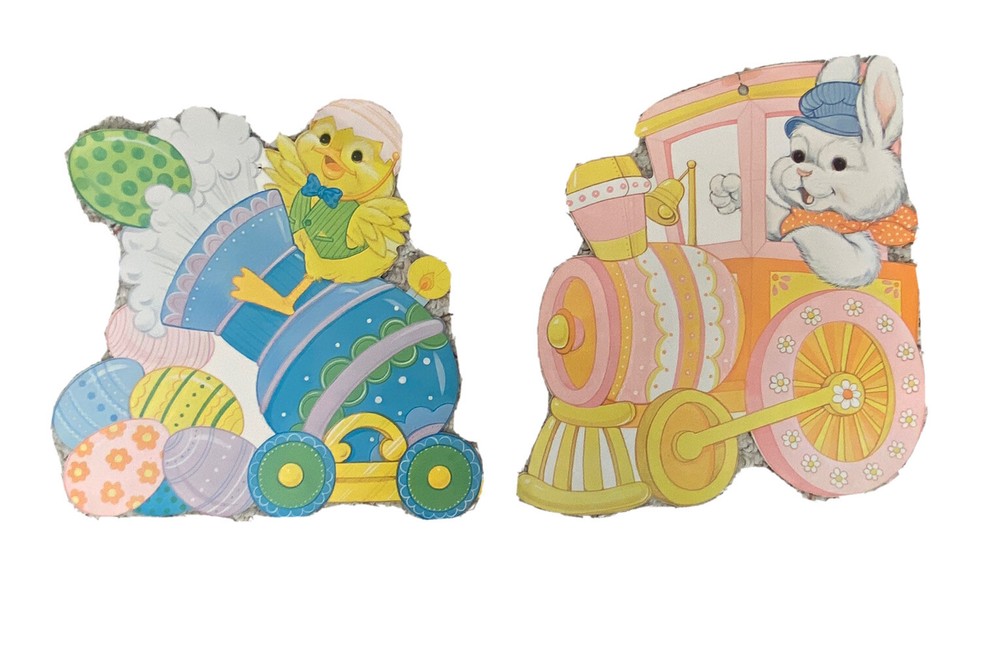 Lot of 2 Vintage Easter Decorations Bunny Chick Eggs Train Die Cuts