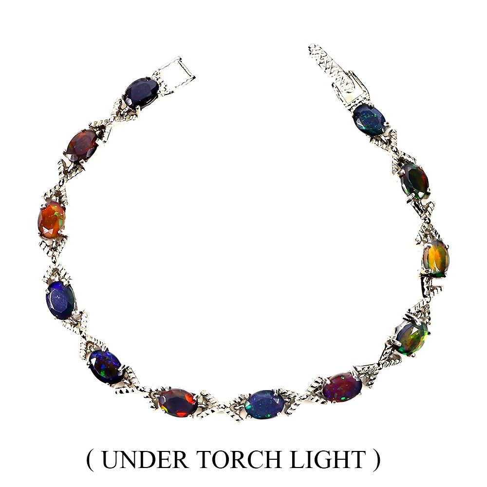 925 Sterling Silver Oval Black Opal Bracelet 7x5mm Natural Gemstone 7in