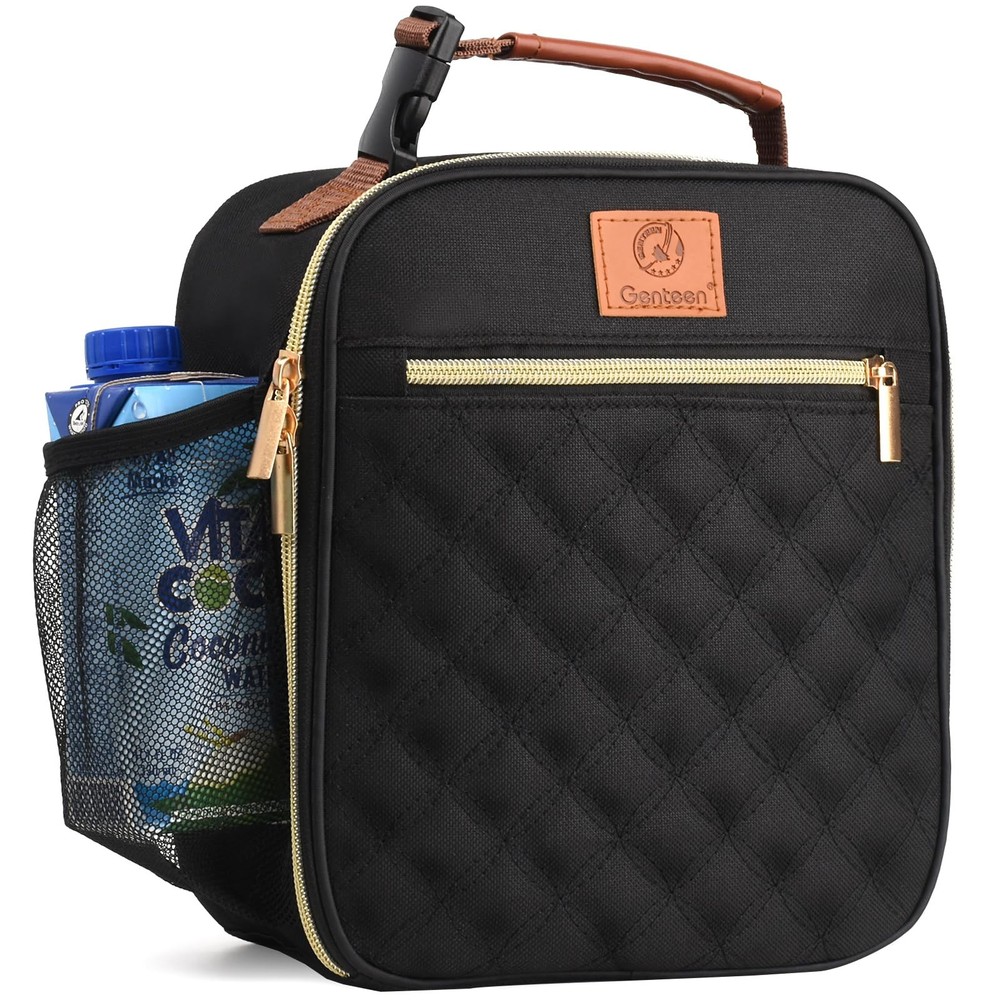 Insulated Black Lunch Bag with Side Pockets for Work Office or School