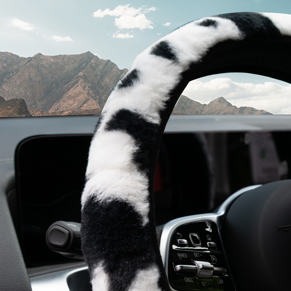 Universal Cow Print Plush Steering Wheel Cover Car Protector Seat Accessories ;