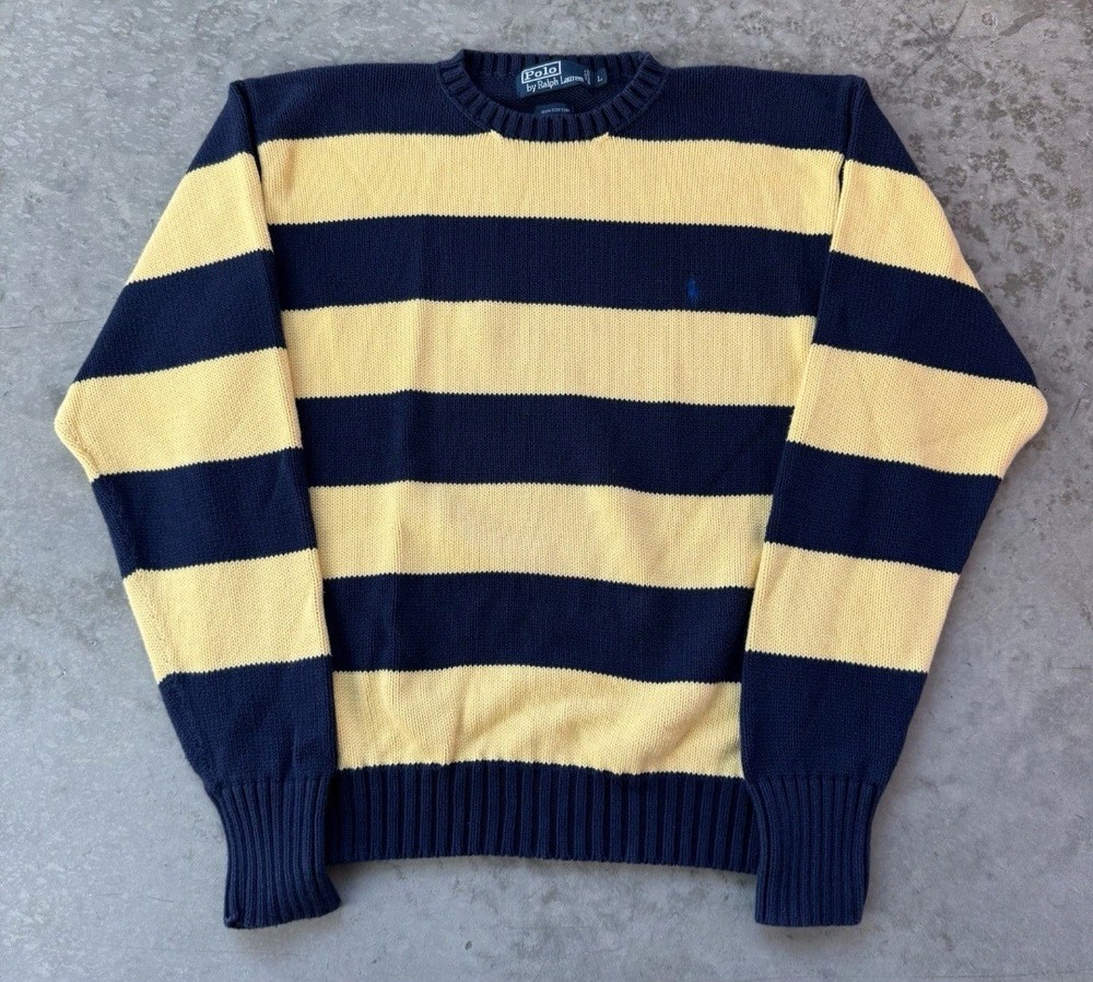 Vintage 90s Polo Ralph Lauren Striped Sweater Knit Crewneck Pony Cotton Large