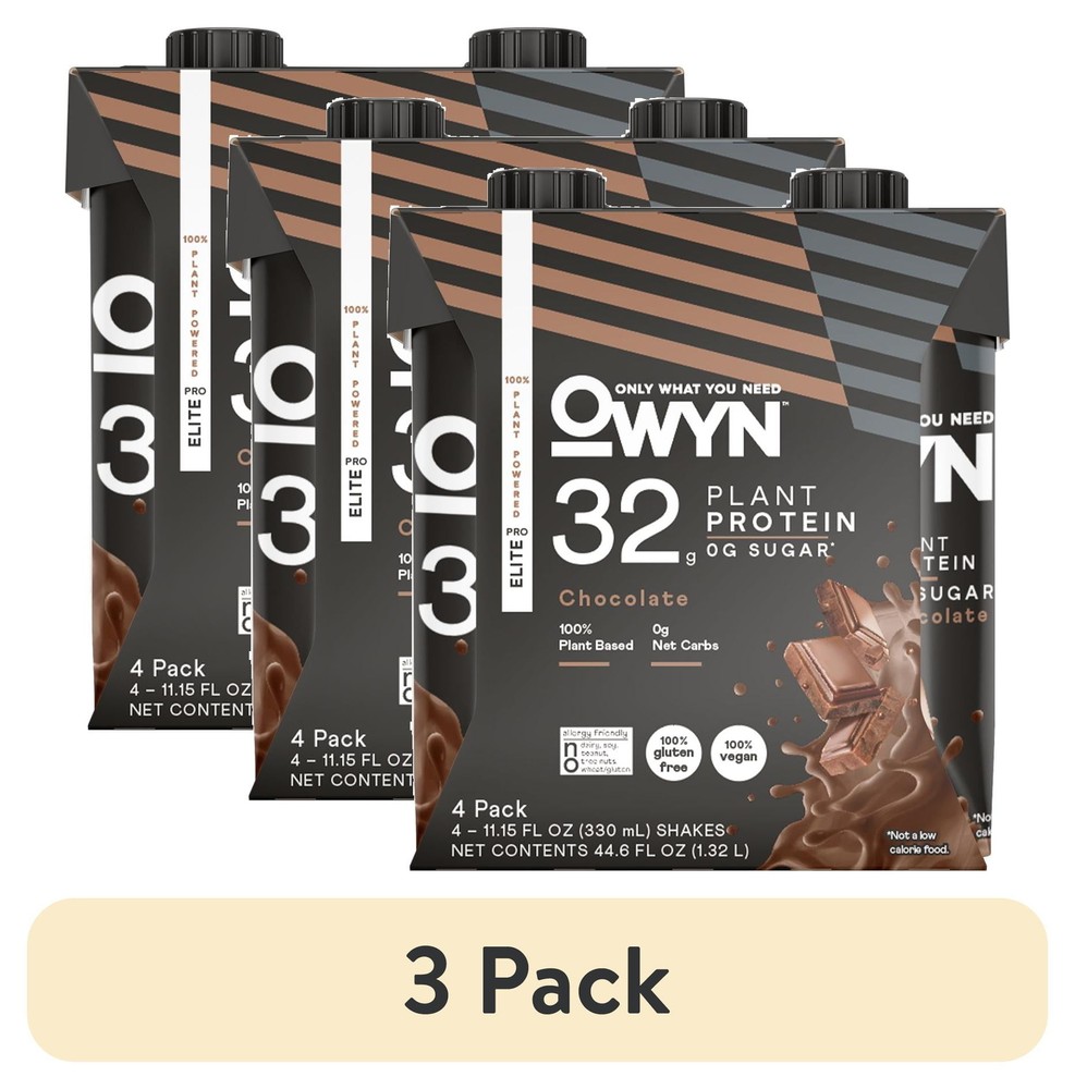 (3 Pack) OWYN Pro Elite Protein Shake, Chocolate, 4 Ct, 32g 100% Vegan Delicious
