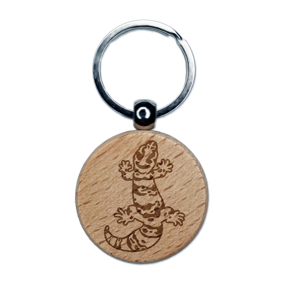 Chubby Leopard Gecko Lizard Engraved Wood Round Keychain Tag Charm