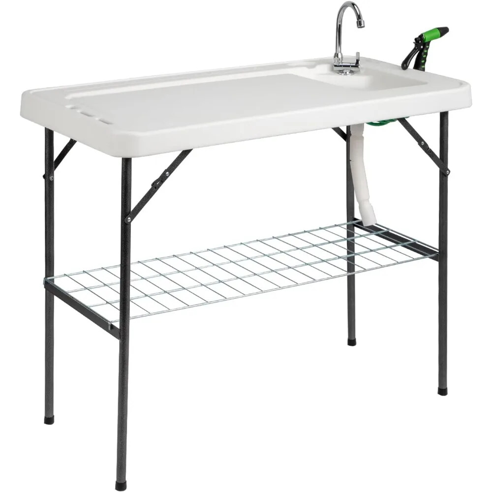 Folding Fish Cleaning Table Portable Camping Sink Table with Grid Rack Sprayer