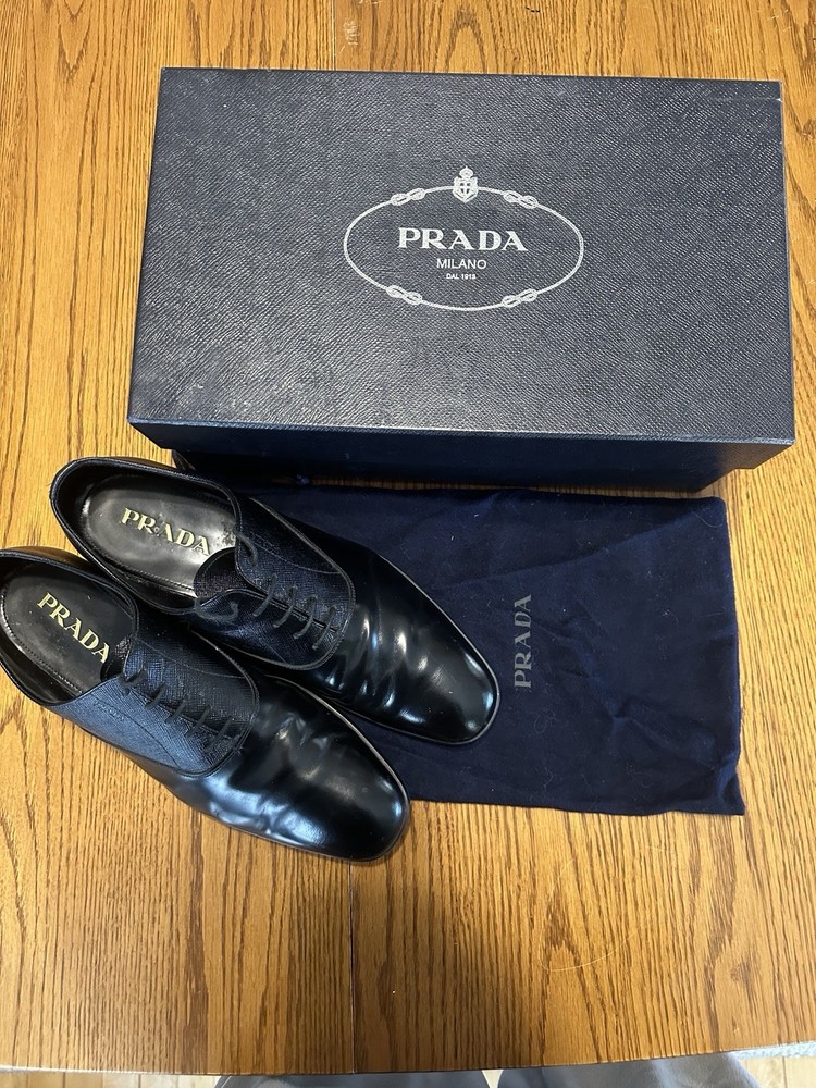 Men’s PRADA Black Spazzolato Plain Oxfords Size 9.5 Made In Italy Pre-Owned