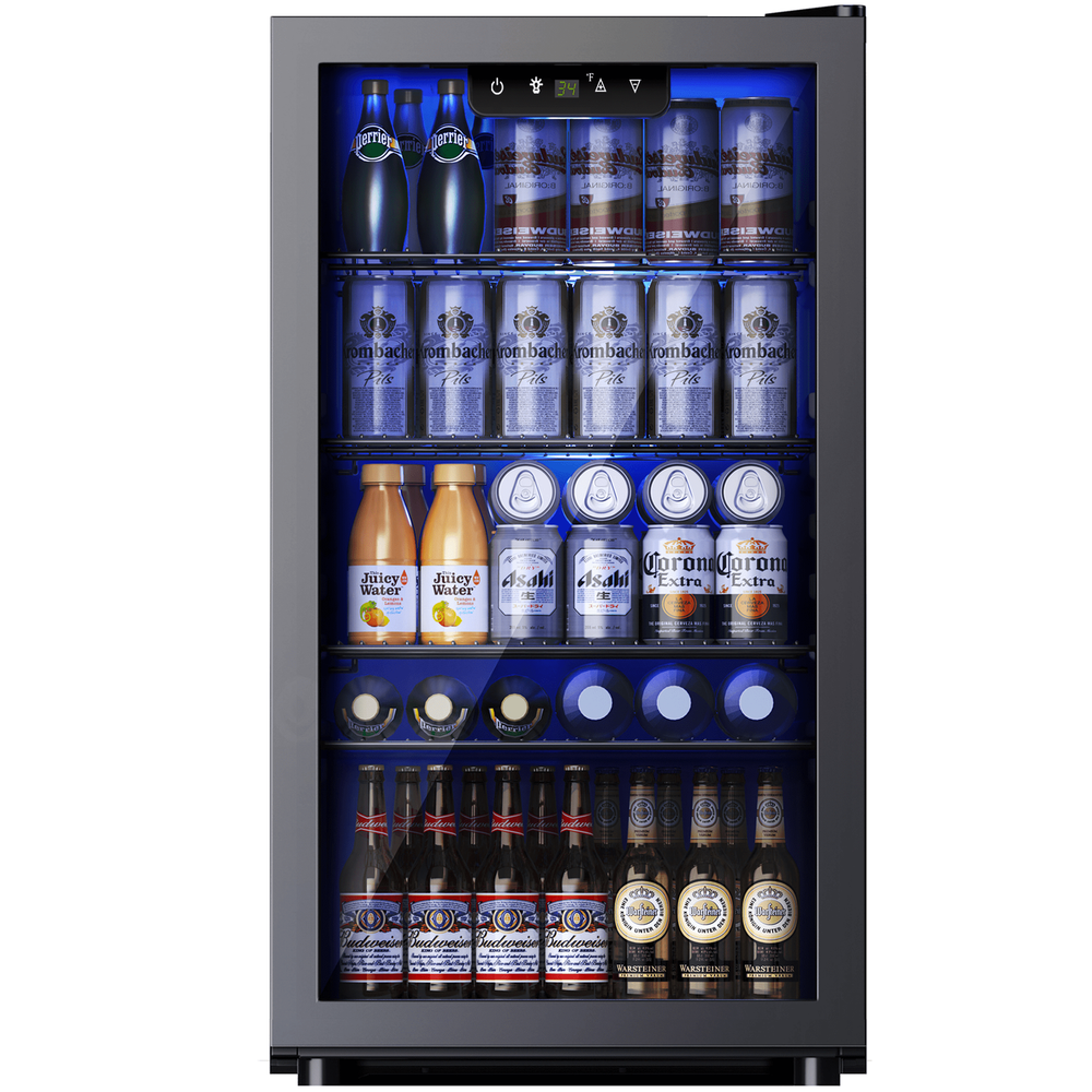 130-Can Beverage Cooler with Glass Door 17.3D x 31.5H Compact Fridge for Drinks