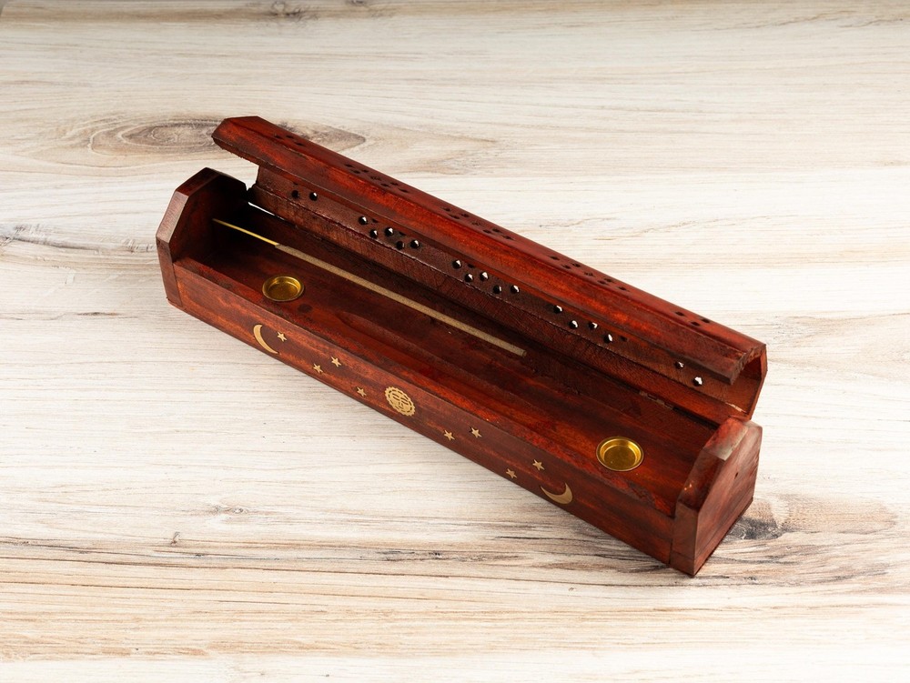 Wooden Coffin Burner, Sun & Moon Brass Inlays Ash Catcher, Incense Holder, 12