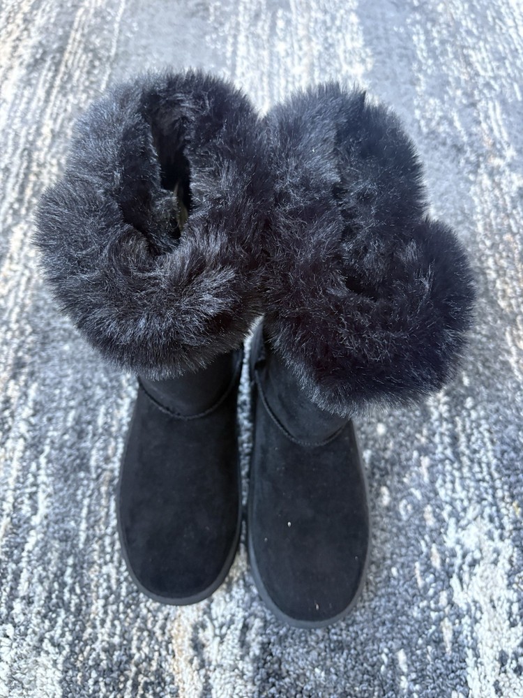 Kids Youth Girls Black Faux Fur Suede Boots Size 3 Winter Cozy Warm Mid Calf