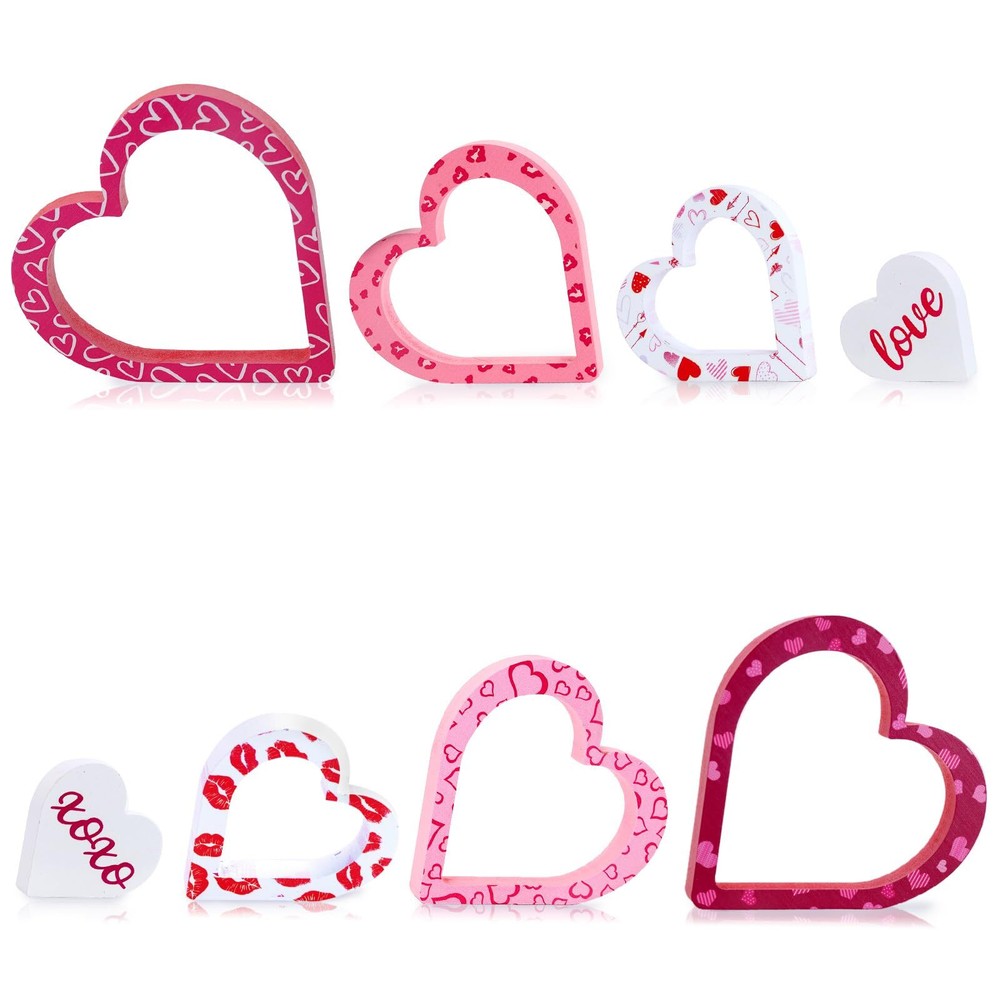 Wooden Valentines Day Decor - 4 PCS Double-Sided Cute Wood Heart Signs for Va...