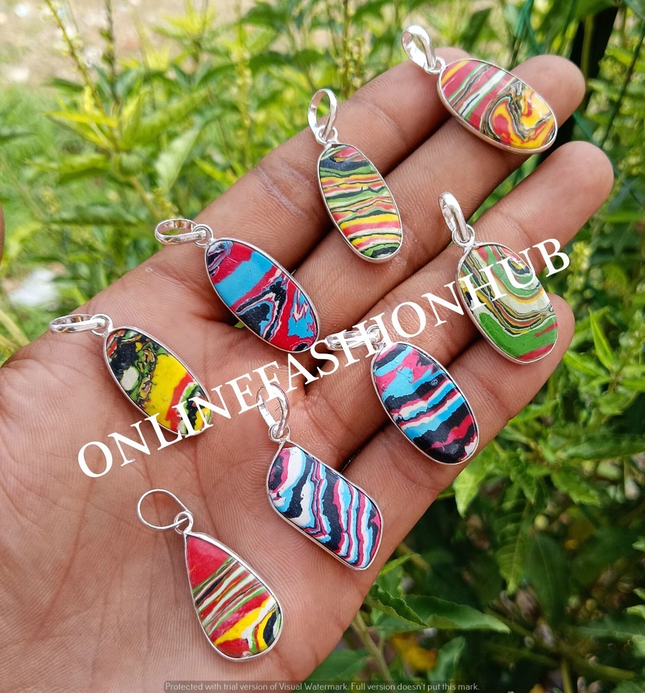 Rainbow Calsilica Gemstone 925 Silver Plated 100-Piece Handmade Bezel Pendant Lot  