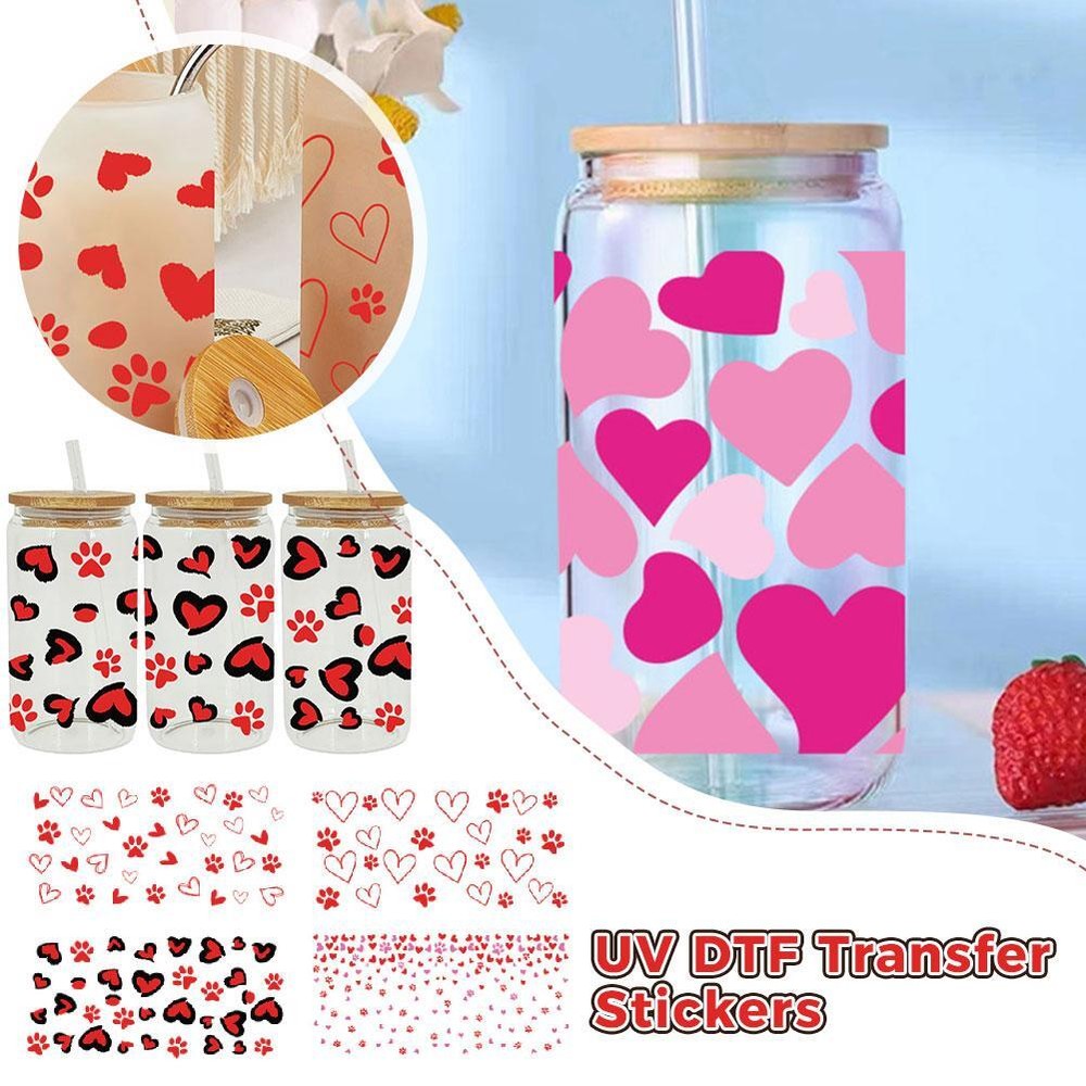 Waterproof Valentine's Day Heart Pattern UV DTF 16oz Removable Sticker T7N7