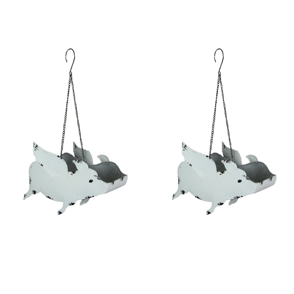 Set 2 White Painted Metal Flying Pig Hanging Planter Decor Succulent Flower Pot