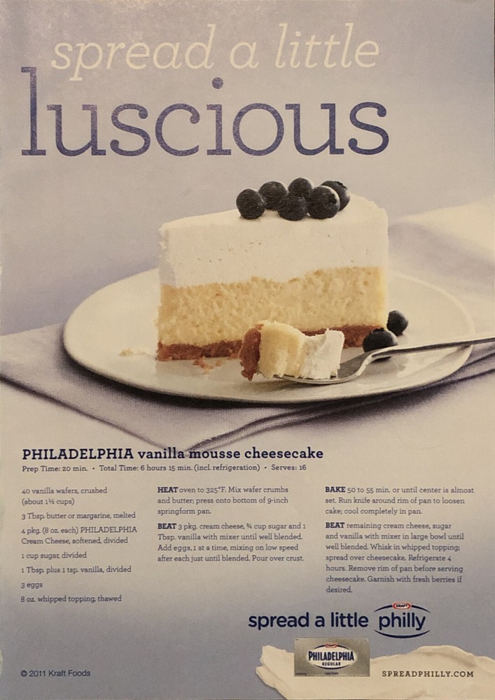 2011 Philadelphia Cream Cheese Vanilla Mousse Cheesecake Recipe Print Ad