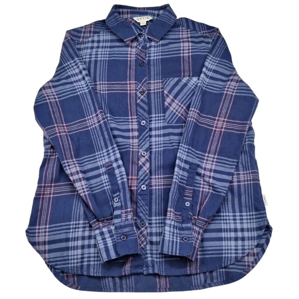 Orvis Button Down Women's Purple Blue Plaid Small Long Sleeve Shirt Fishing