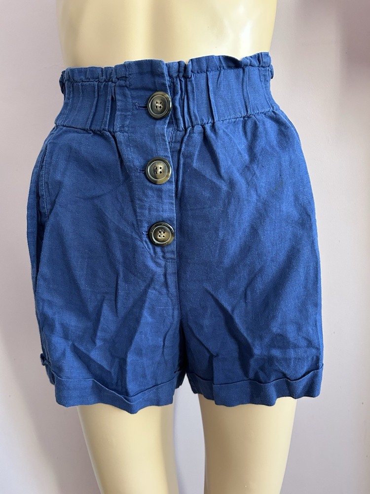 SEZANE navy linen & cotton high waist button front shorts UK 12 FR 40 US 8 EUC