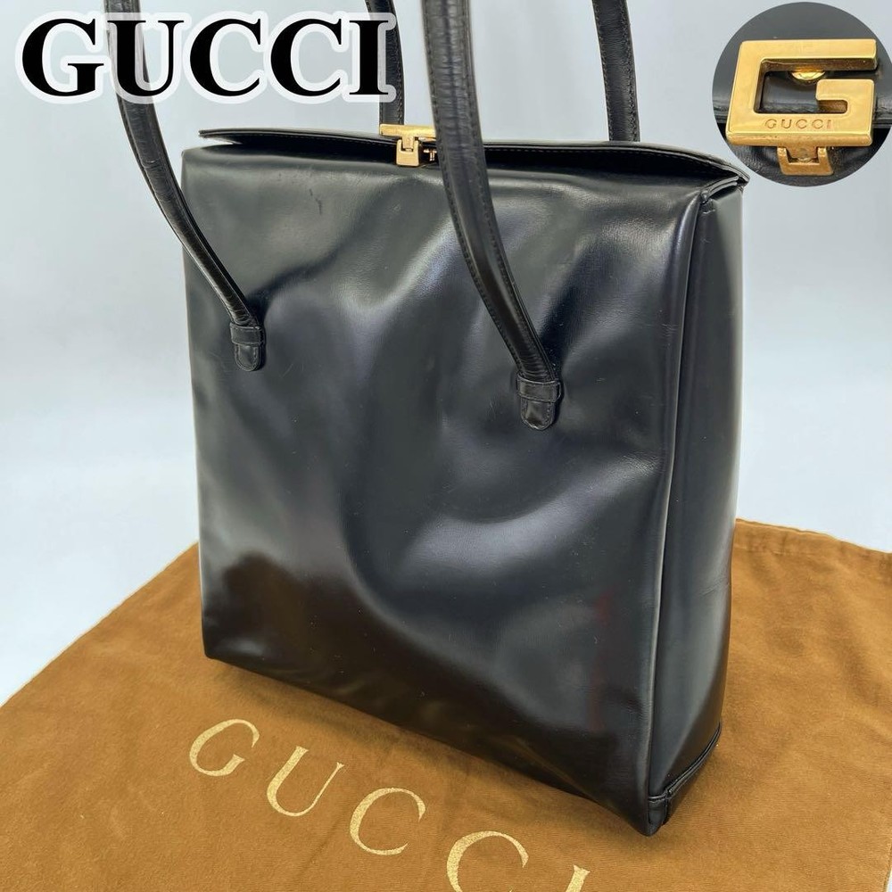 Gucci Black Leather Tote Bag with G Metal Hardware Pre-Owned