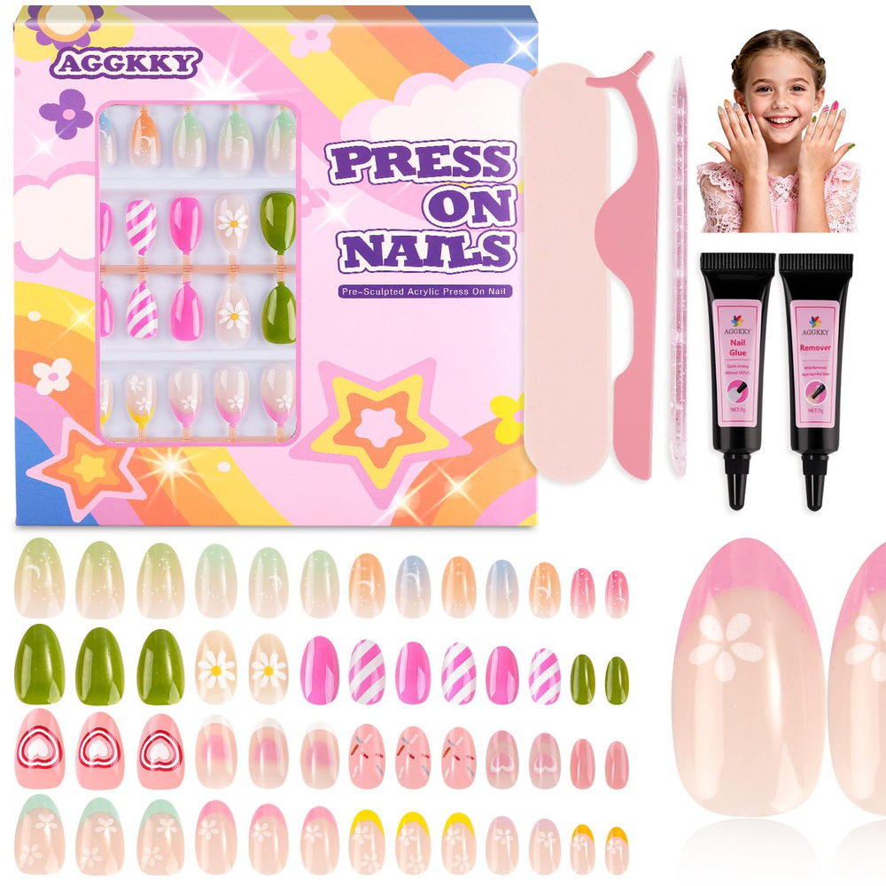 104 Pieces Press on Nails for Kids 4 Pack Artificial Fake Nails for Girls Kid Pr