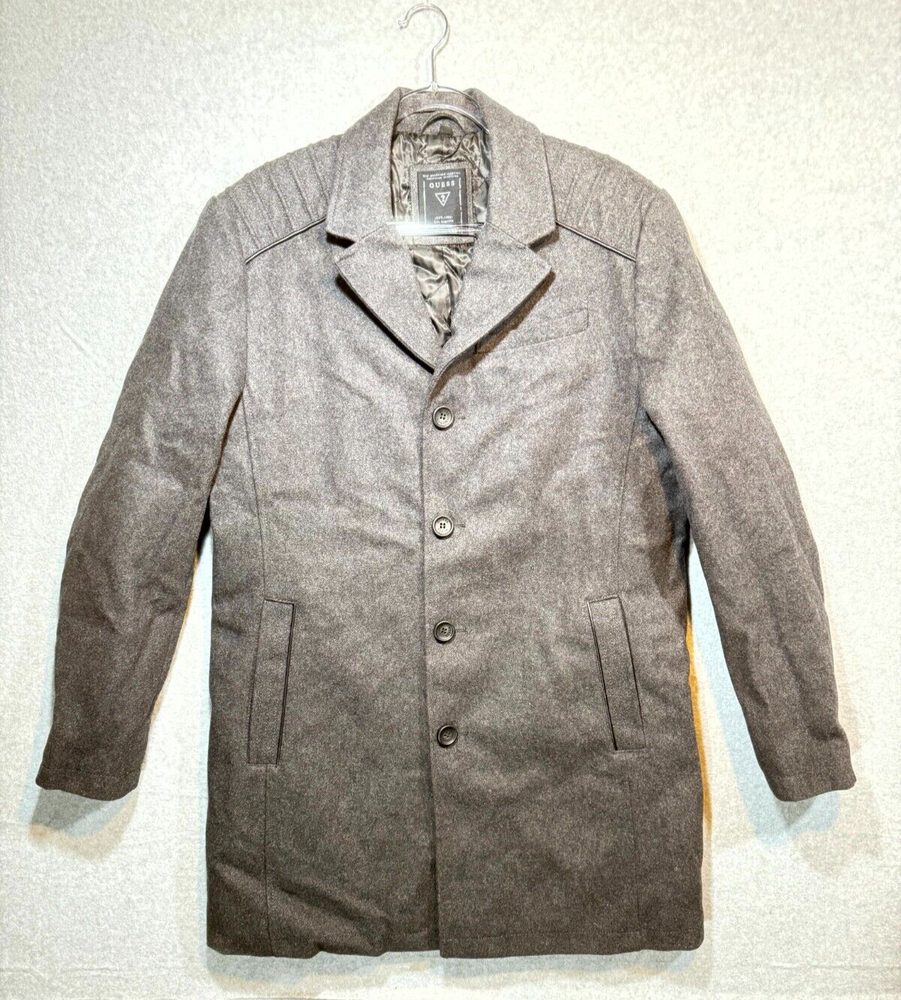 Guess Midi Winter Coat Men's Large Gray Lined Pockets Notch Lapel Button Front