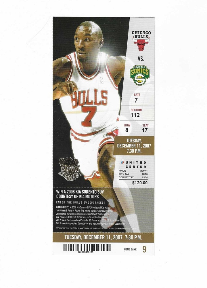 Chicago Bulls vs Seattle Supersonics Unused Basketball Ticket 12/11/2007