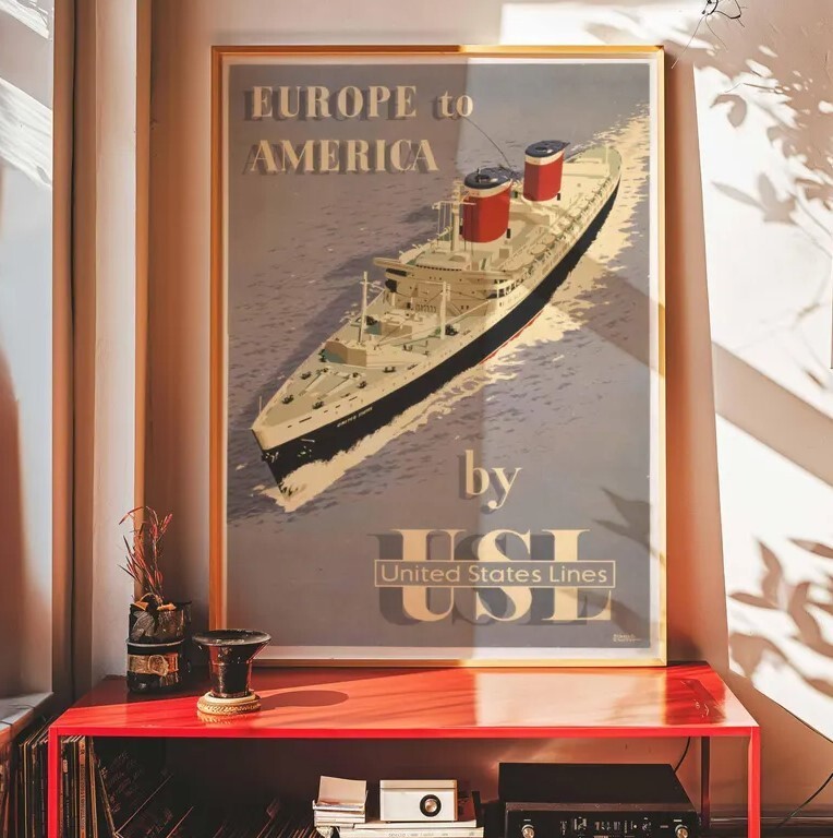 Vintage United States Lines Travel Poster | Europe to America Ship Art