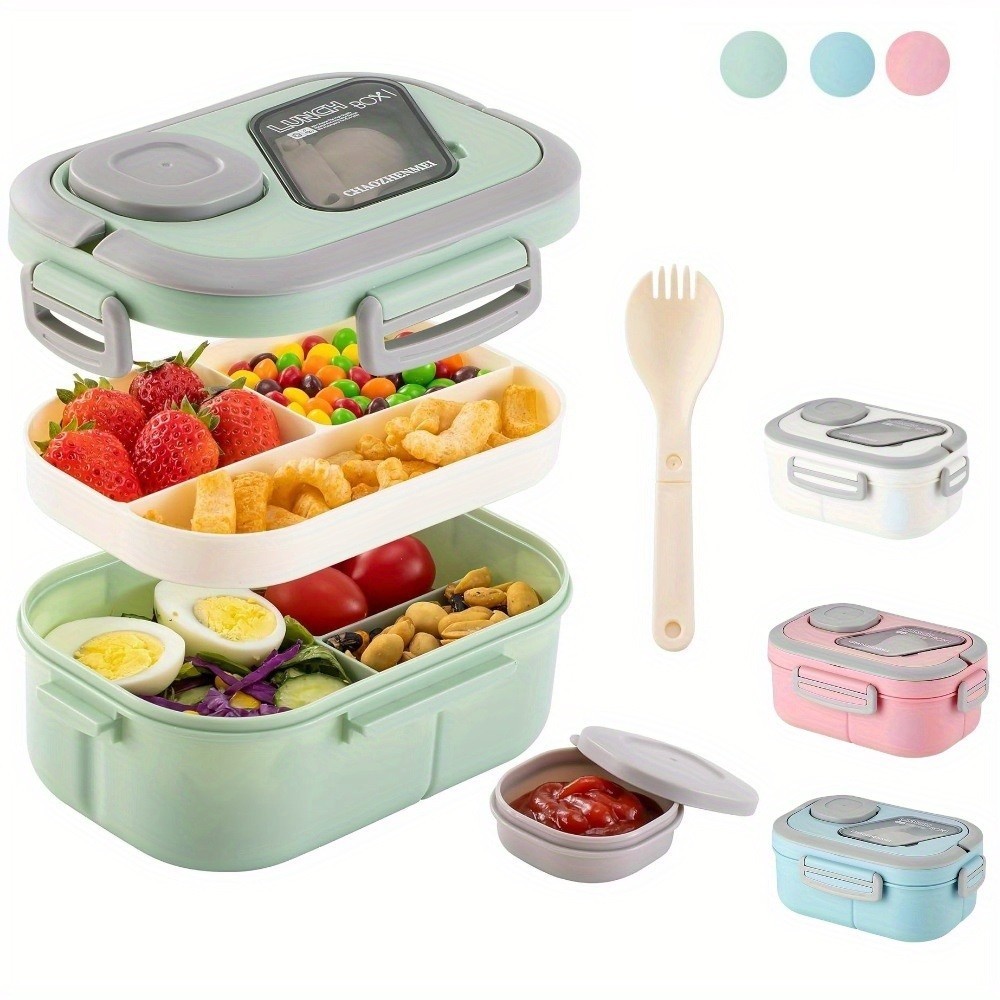 2 Layer Leakproof Bento Lunch Box with Handle and Utensils for Kids Adults